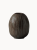 An oval, dark brown ceramic vase with a textured surface covered in vertical ribbed lines and subtle green speckled details, on a white background.