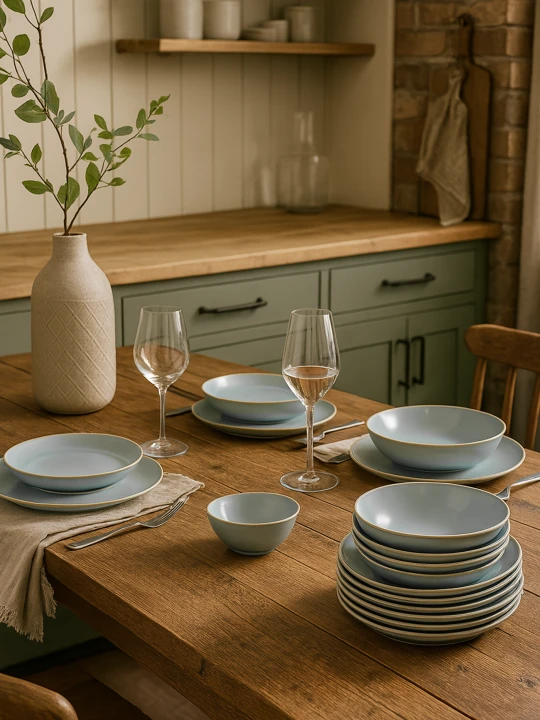 A wooden dining table is set with a light blue ceramic dinnerware collection, including stacked plates and matching bowls. The rustic kitchen setting features wine glasses, a textured vase with green branches, and olive-green cabinets in the background.