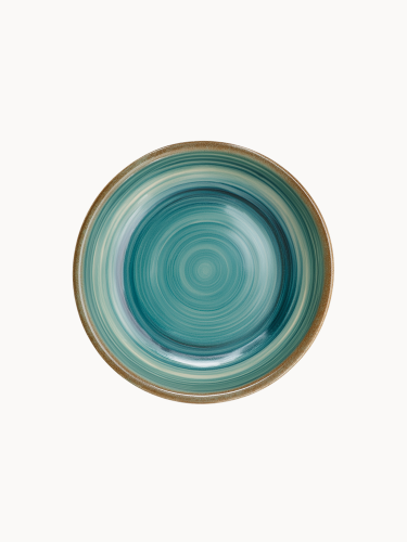 A top-down view of a round ceramic plate featuring a glossy teal and turquoise glaze with concentric swirl patterns and a brown rim.