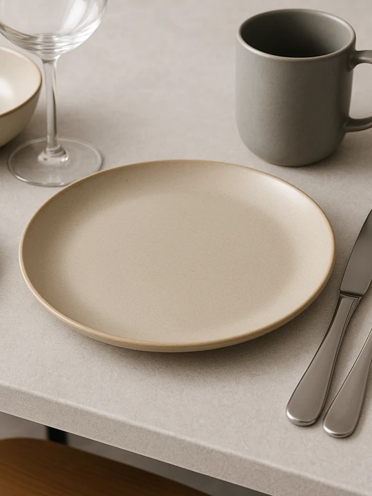 Matowy, beżowy ceramiczny talerz leży pośrodku jasnoszarego blatu. Minimalistyczna aranżacja stołu obejmuje szary kubek, srebrne sztućce oraz pusty kieliszek.