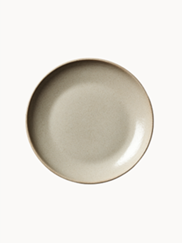 A top-down view of a round ceramic plate featuring a speckled light grey and beige texture with a slightly glossy finish.