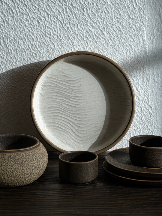A large ceramic plate with a wavy, textured sand pattern leans against a white textured wall. It is surrounded by a matching dark brown tableware set, including small cups, bowls, and saucers under dramatic sunlight.