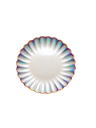 A top-down view of a round glass plate featuring a pleated, scalloped border with an iridescent, rainbow-like shimmer and a gold rim.