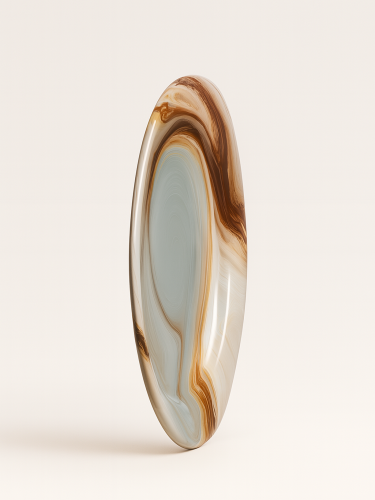 A round ceramic plate featuring a glossy marbled glaze with swirls of brown, ochre, white, and light grey. The product is isolated against a solid white background. The plate is shown in a vertical position, on a plain white background.