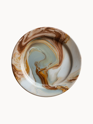 A top-down view of a round ceramic plate featuring a glossy marbled glaze with swirls of brown, ochre, white, and light grey.