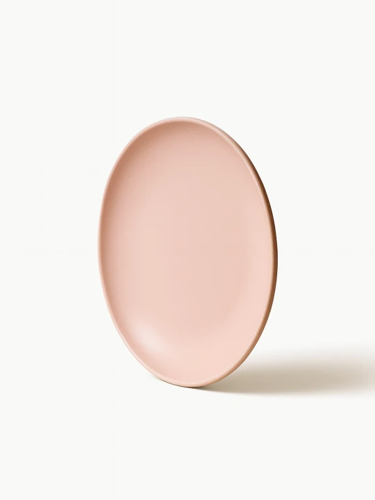 A matte, pastel pink ceramic plate. The plate is shown standing upright at a slight angle on a solid white background.
