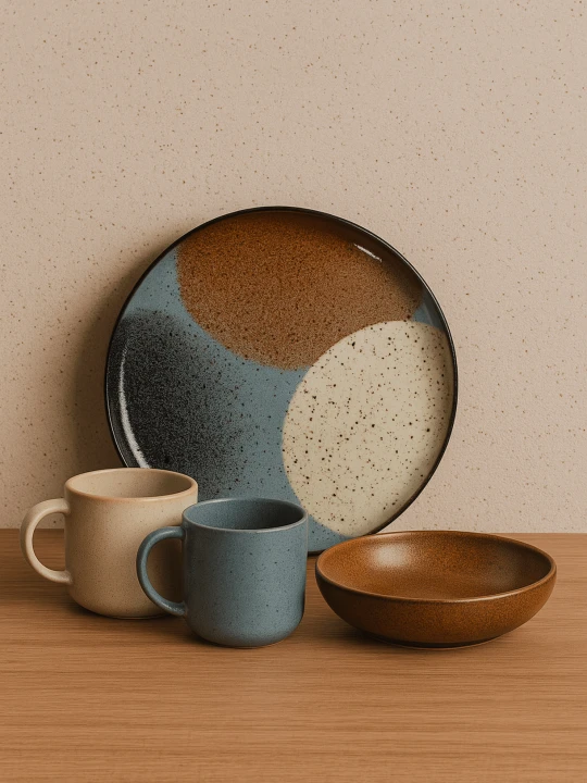 A ceramic tableware set with a matte, speckled finish is arranged on a wooden surface against a textured beige wall. The collection features a large decorative plate with an abstract color-block design, a brown bowl, a blue mug, and a beige mug.