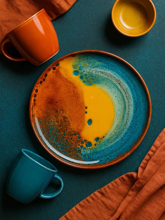 A top-down view on a vibrant ceramic plate with an abstract orange and teal glaze centered on a dark teal background. The artistic composition includes a matching teal mug, an orange mug, a small yellow bowl, and a crumpled terracotta fabric.