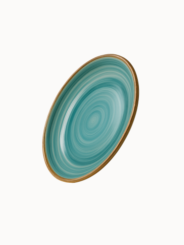 A round ceramic plate featuring a glossy teal and turquoise glaze with concentric swirl patterns and a brown rim.