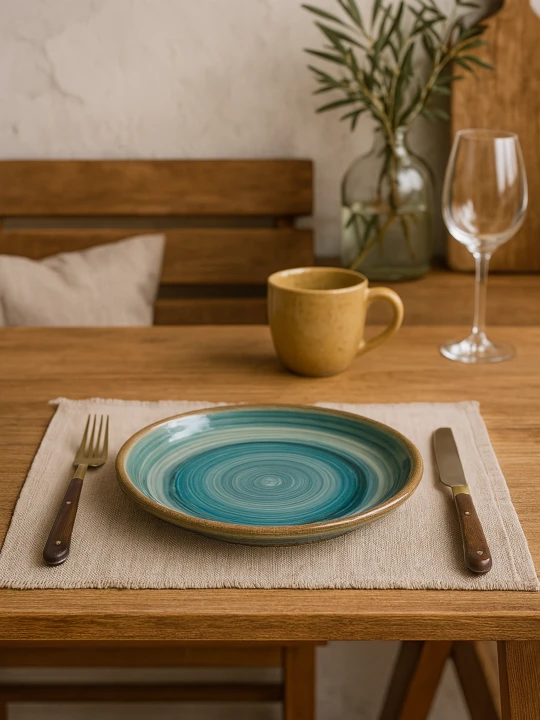 A turquoise ceramic plate with a swirl pattern sits on a linen placemat flanked by a fork and knife with wooden handles. The rustic table setting includes a yellow mug,  wine glass, and a small glass vase in the background.