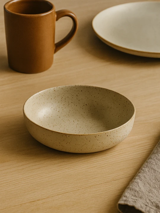 Płytka, nakrapiana beżowa miska ceramiczna stoi na jasnym drewnianym stole. Minimalistyczna aranżacja naczyń obejmuje brązowy kubek, pasujący talerz oraz lnianą serwetkę w tle.