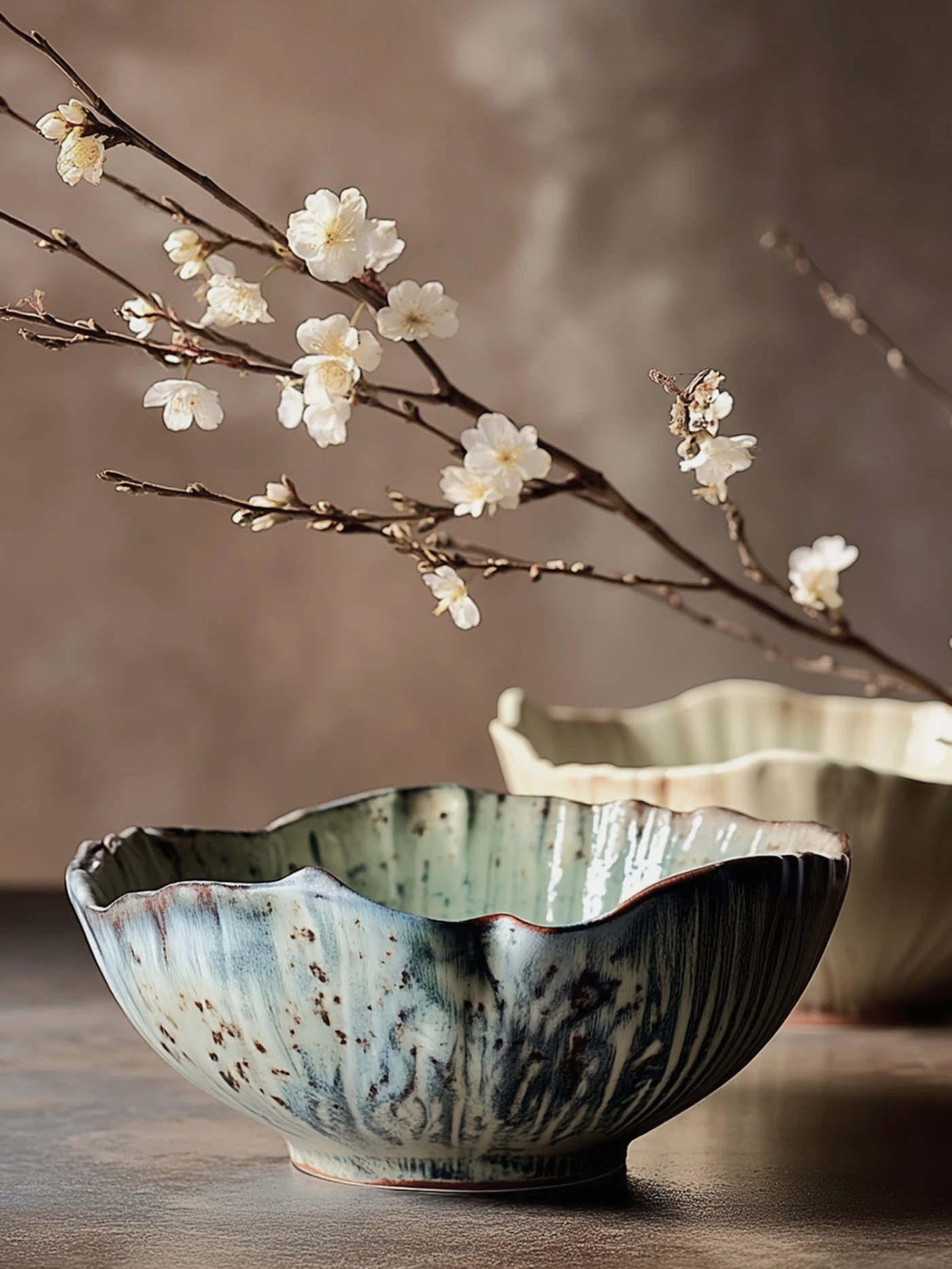 A rustic ceramic bowl with a mottled blue and beige glaze sits on a dark surface. The organic composition includes another bowl and delicate branches with white blossoms softly blurred in the background.