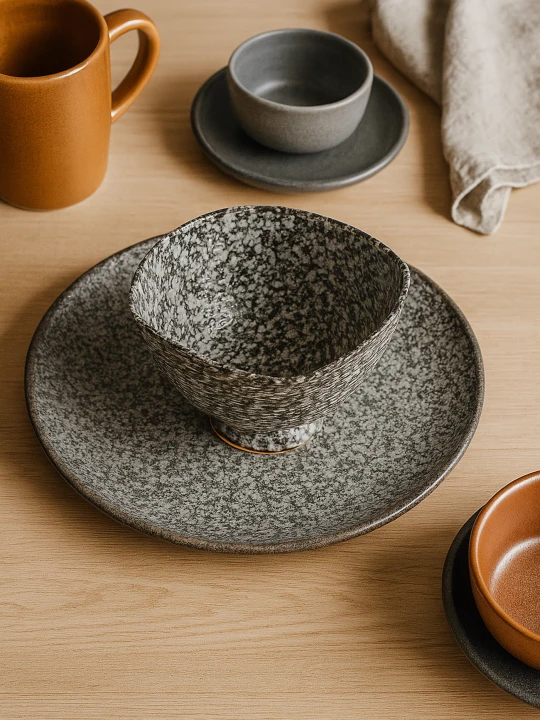 Ceramiczna miska o czarno-białej nakrapianej strukturze stoi na dopasowanym talerzu na drewnianym stole. Aranżacja w kolorach ziemi obejmuje ochrowy kubek, szarą czarkę ze spodkiem oraz lnianą serwetkę.