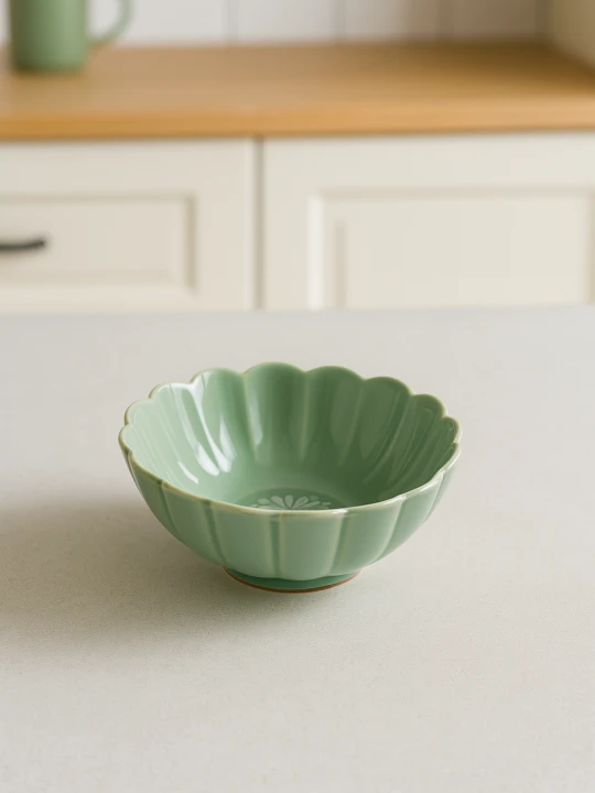 A flower-shaped, sage green ceramic bowl sits empty on a light countertop. The bright kitchen setting features softly blurred white cabinets and a wooden countertop in the background.