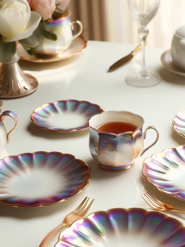 An elegant tea service with iridescent, pearlescent glaze finishes  on a bright white table. Next to a teacup there are matching scalloped plates and gold forks.