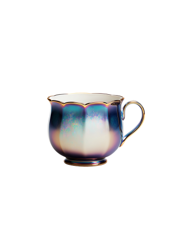 A porcelain teacup with an iridescent, pearlescent glaze displaying metallic blue, purple, and gold tones is isolated on a white background.