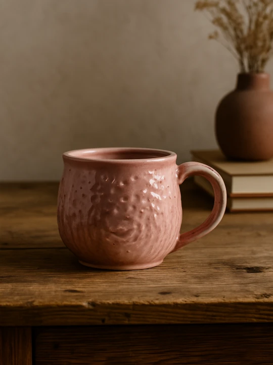 A pink, textured ceramic mug sits on a rustic wooden table. In the softly blurred background, a stack of books and a small terracotta vase with dried grass add to the warm, cozy atmosphere.