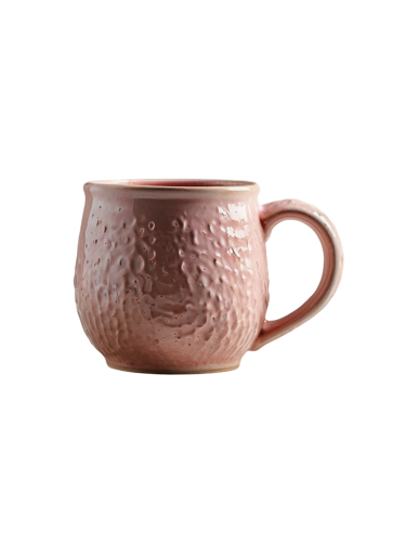 A pink ceramic mug with a bulbous shape and a rounded handle on a plain white background. The body features a highly textured, dimpled surface resembling craters, finished with a glossy glaze.