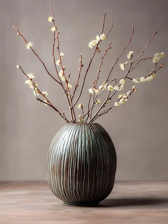 A dark brown, ribbed ceramic vase holding several bare branches with small white plum blossoms sits on a surface. The setting features a rustic, textured table against a solid, warm gray background.