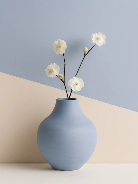 A matte light blue ceramic vase holding a delicate branch with white blossoms is set on a surface. The background features a minimalist composition with intersecting geometric shapes in light blue and beige.