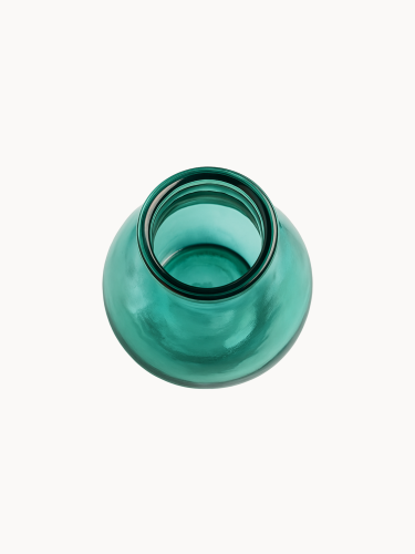 A top-down view on a translucent teal glass vase, featuring a rounded, bulbous body and a short, narrowed neck, on a plain white background.