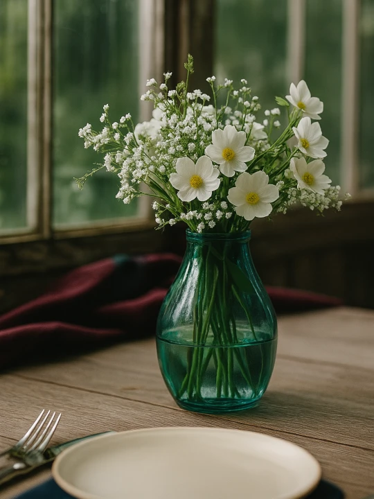 A translucent teal glass vase filled with white wildflowers and baby's breath sits on a rustic wooden table. The vase is part of a cozy table setting next to a window, accompanied by a plate and a fork.