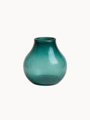 A small, translucent teal glass vase, featuring a rounded, bulbous body and a short, narrowed neck, on a plain white background.