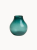 A small, translucent teal glass vase, featuring a rounded, bulbous body and a short, narrowed neck, on a plain white background.