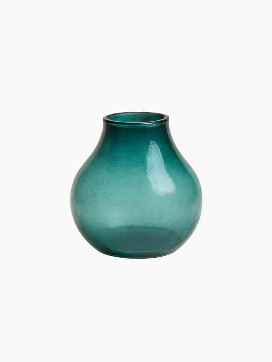 A small, translucent teal glass vase, featuring a rounded, bulbous body and a short, narrowed neck, on a plain white background.