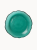 A top-down view on a vibrant teal cake stand with a distinct ruffled edge.