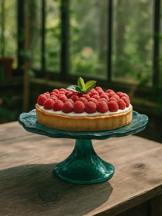 A raspberry tart decorated with fresh mint leaves sits on a green cake stand. The stand is placed on a wooden table against a blurred greenhouse background.