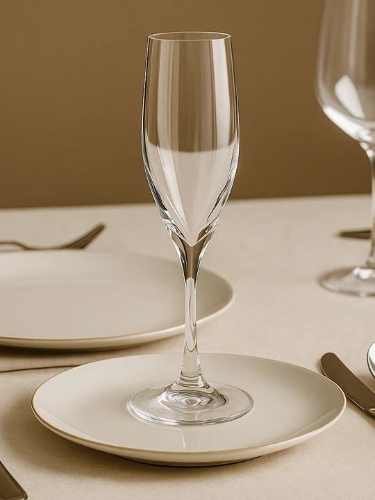 A slender glass champagne flute placed on a plate in a table setting.