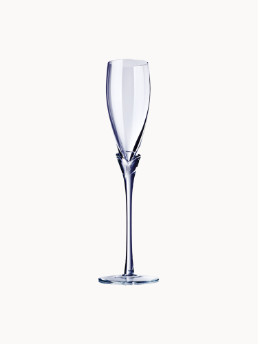 An elegant champagne glass with a smooth bowl, set on a tall, sleek stem.