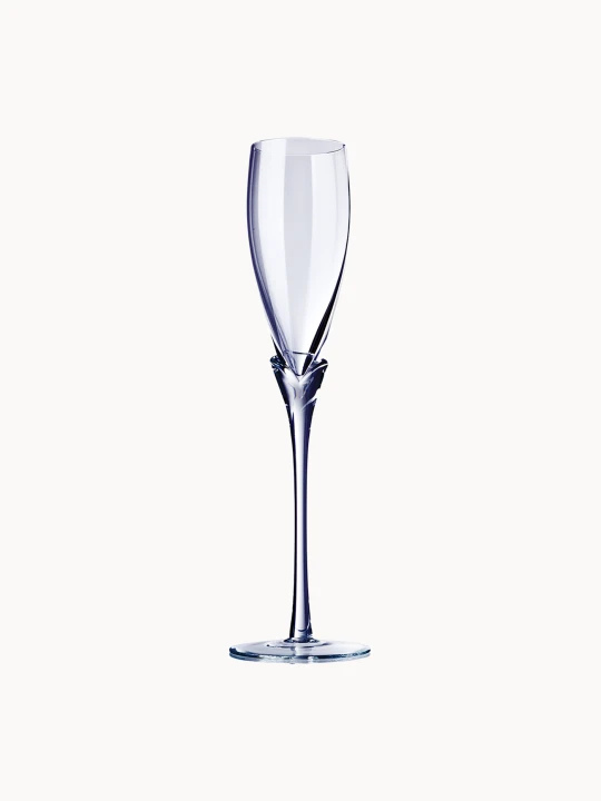 An elegant champagne glass with a smooth bowl, set on a tall, sleek stem.