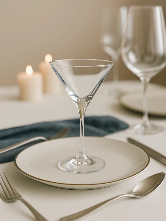 An elegant martini glass in an atmospheric table setting, on a white plate with a gold rim. Silver cutlery and a navy blue napkin sit alongside, with two lit candles in the background.