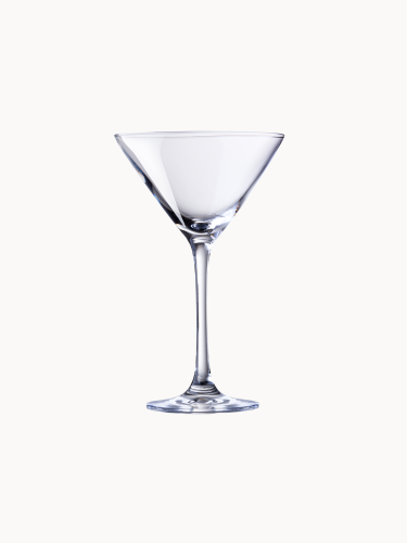 A classic, clear martini glass with a conical bowl resting on a slender stem.