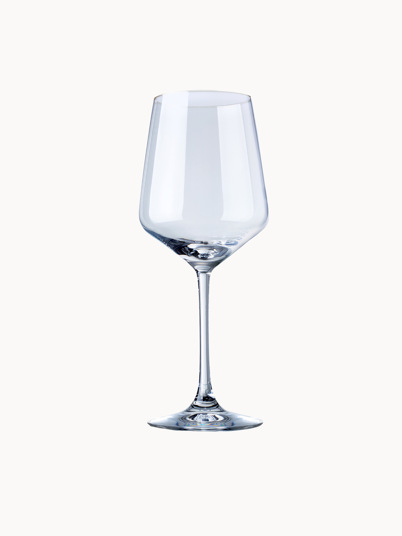 A single clear wine glass with a long stem, isolated on a light background.